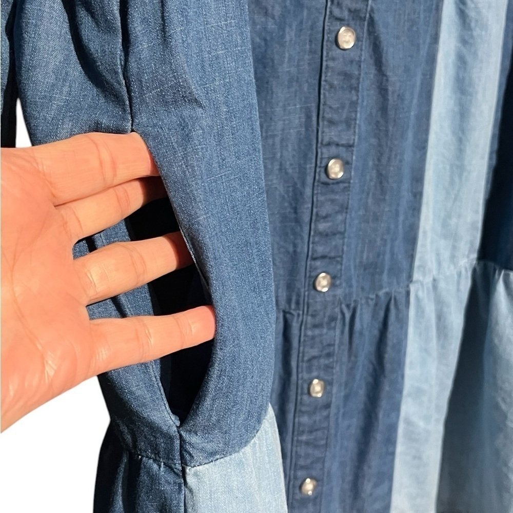 Patchwork Two-Tone Denim Smock Shirt Dress Tunic 3/4 Sleeve Flounce Hem Pockets - Picture 6 of 12